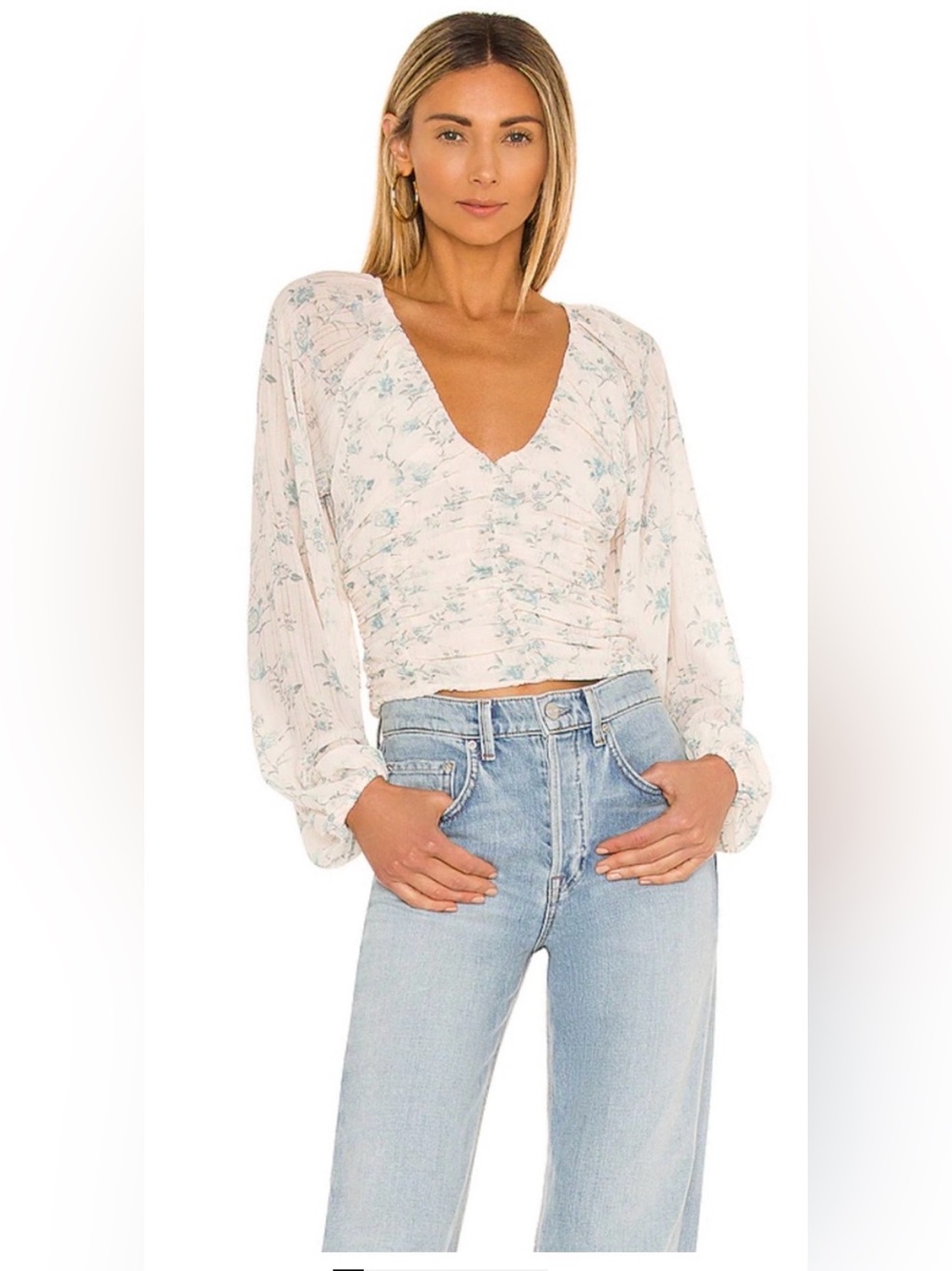 Free People Final Rose Floral Balloon Sleeve Ruched Blouse In Vintage Combo XL